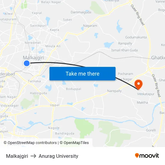 Malkajgiri to Anurag University map