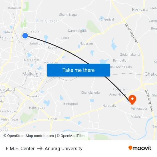 E.M.E. Center to Anurag University map