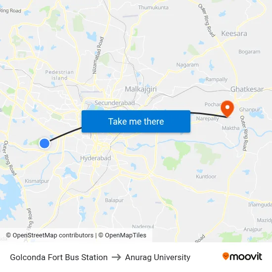Golconda Fort Bus Station to Anurag University map