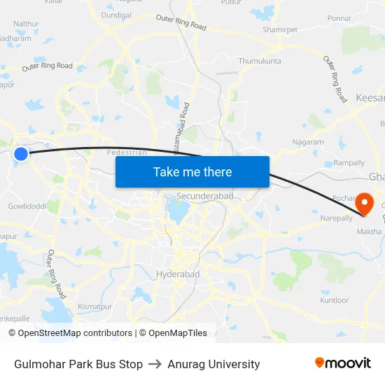 Gulmohar Park Bus Stop to Anurag University map