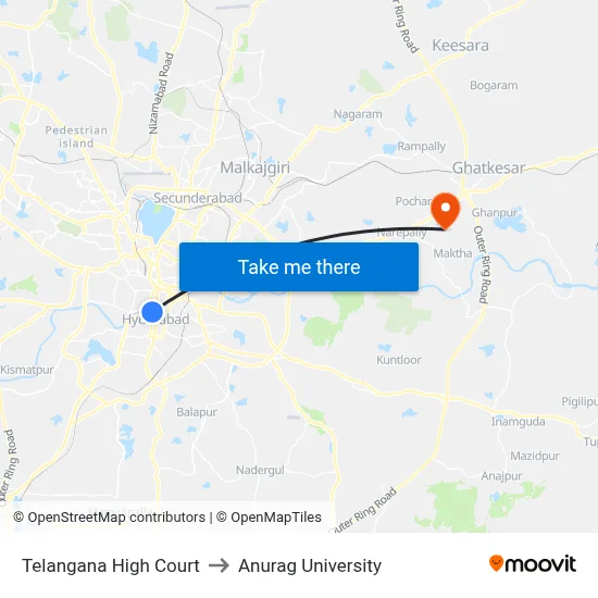 Telangana High Court to Anurag University map