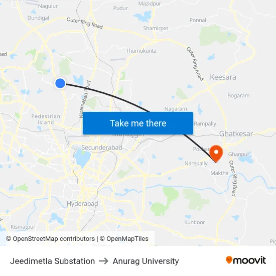 Jeedimetla Substation to Anurag University map