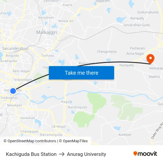 Kachiguda Bus Station to Anurag University map