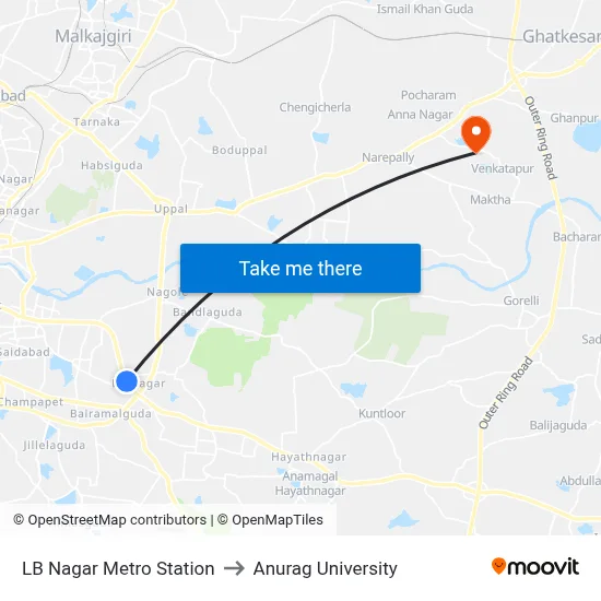 LB Nagar Metro Station to Anurag University map
