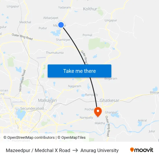 Mazeedpur / Medchal X Road to Anurag University map