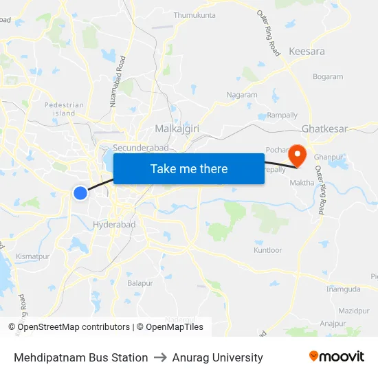 Mehdipatnam Bus Station to Anurag University map