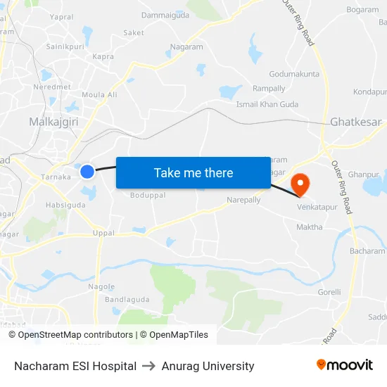 Nacharam ESI Hospital to Anurag University map