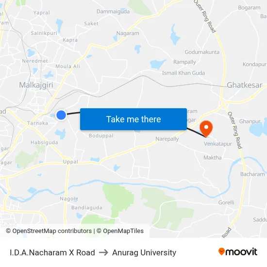 I.D.A.Nacharam X Road to Anurag University map