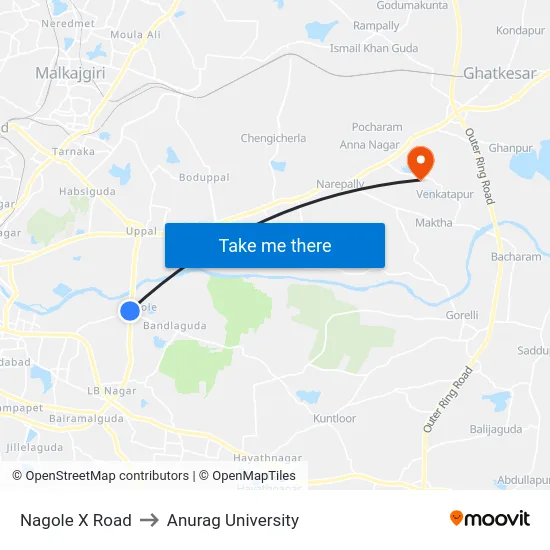 Nagole X Road to Anurag University map