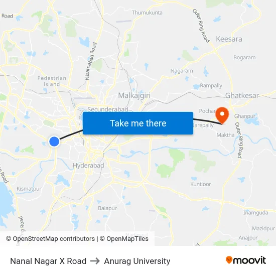 Nanal Nagar X Road to Anurag University map