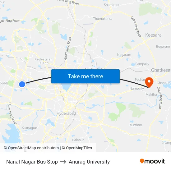 Nanal Nagar Bus Stop to Anurag University map