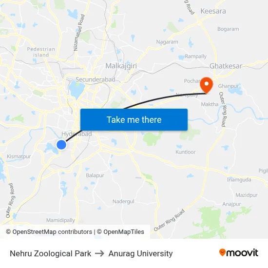 Nehru Zoological Park to Anurag University map