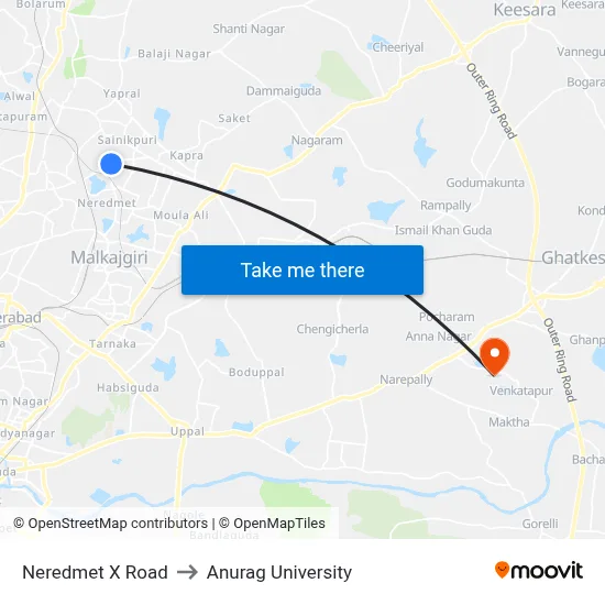 Neredmet X Road to Anurag University map
