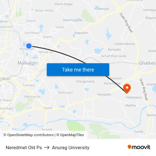 Neredmet Old Ps to Anurag University map