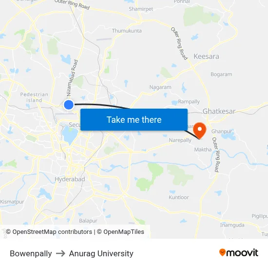 Bowenpally to Anurag University map