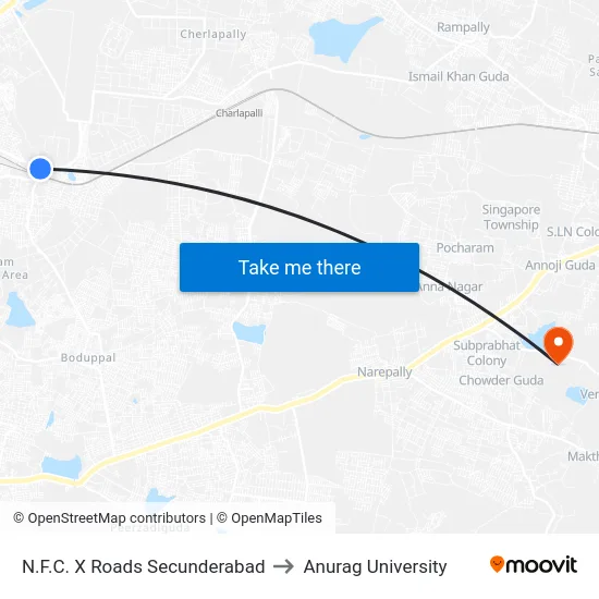 N.F.C. X Roads Secunderabad to Anurag University map