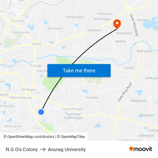 N.G.O's Colony to Anurag University map