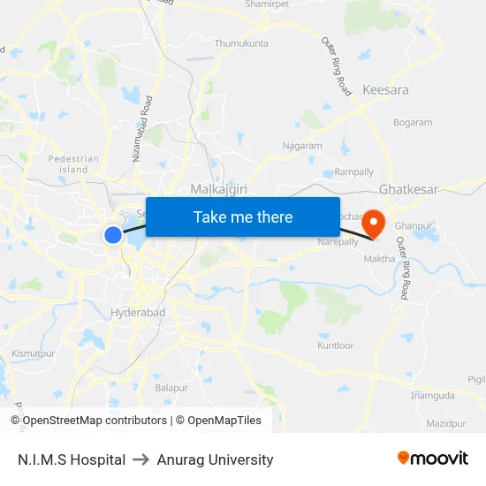N.I.M.S Hospital to Anurag University map