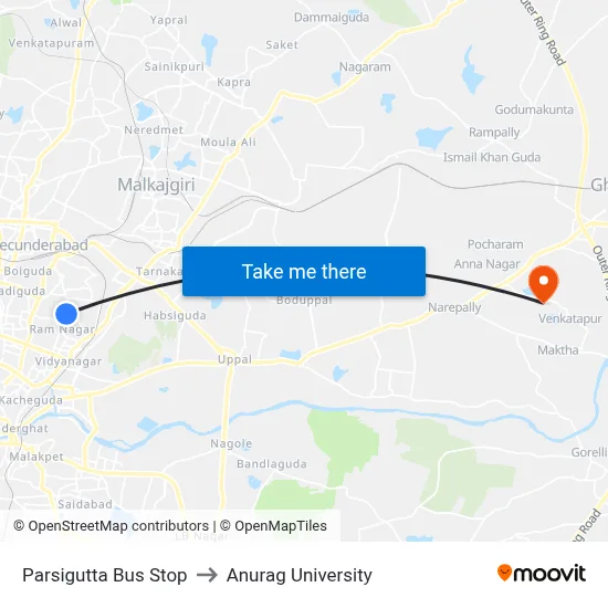 Parsigutta Bus Stop to Anurag University map