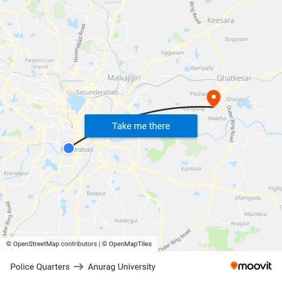 Police Quarters to Anurag University map