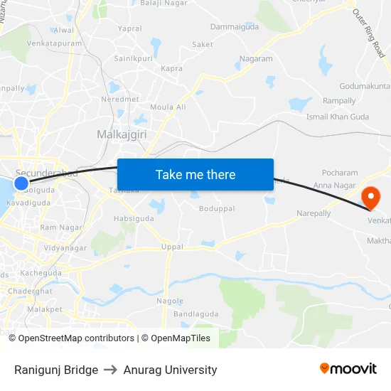 Ranigunj Bridge to Anurag University map