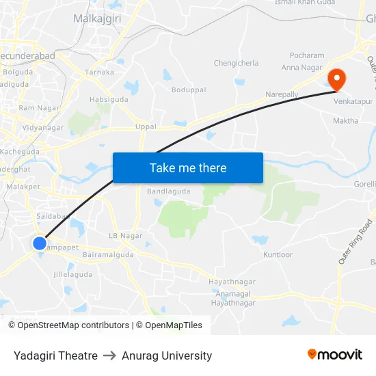 Yadagiri Theatre to Anurag University map