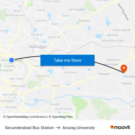 Secunderabad Bus Station to Anurag University map