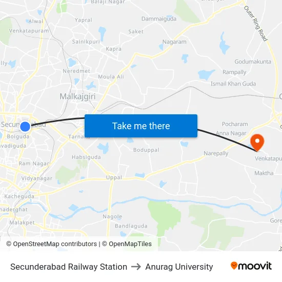 Secunderabad Railway Station to Anurag University map