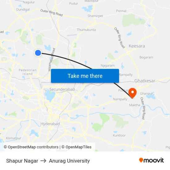 Shapur Nagar to Anurag University map