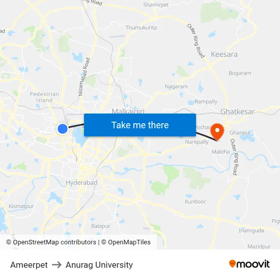 Ameerpet to Anurag University map