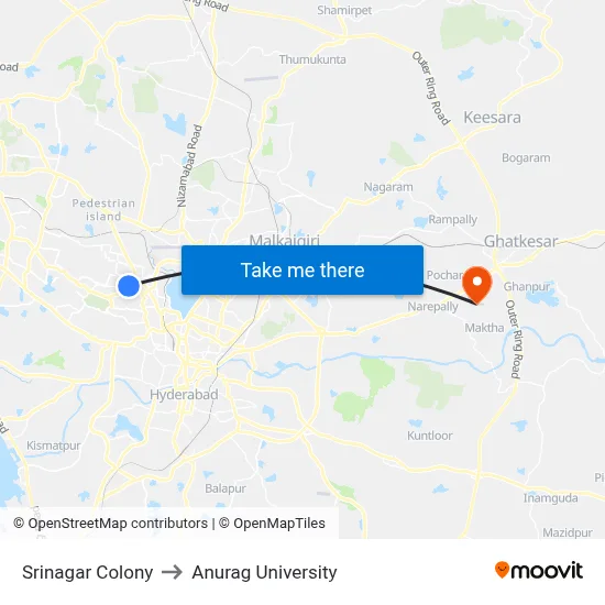 Srinagar Colony to Anurag University map
