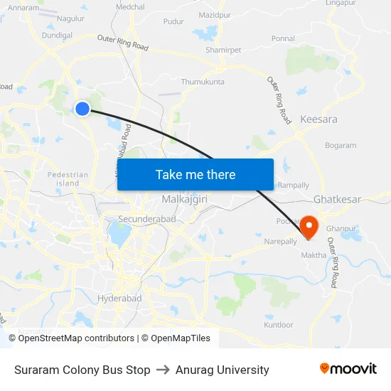 Suraram Colony Bus Stop to Anurag University map