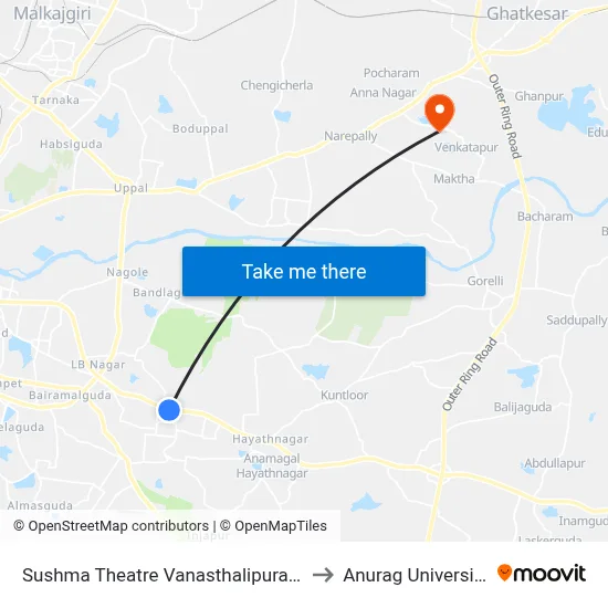 Sushma Theatre Vanasthalipuram to Anurag University map