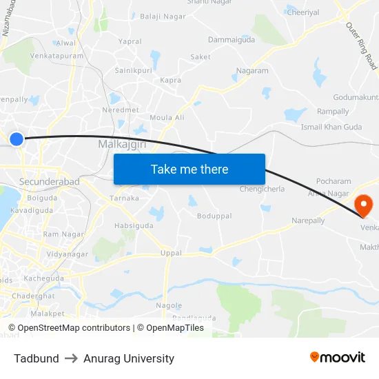 Tadbund to Anurag University map