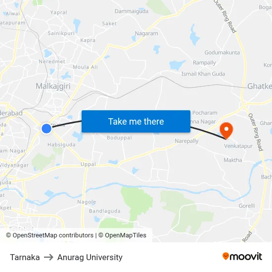 Tarnaka to Anurag University map