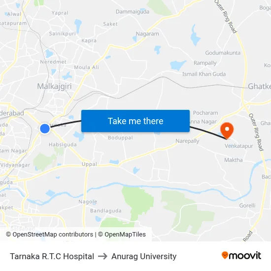 Tarnaka R.T.C Hospital to Anurag University map