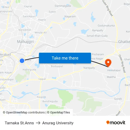 Tarnaka St.Anns to Anurag University map