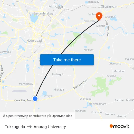 Tukkuguda to Anurag University map