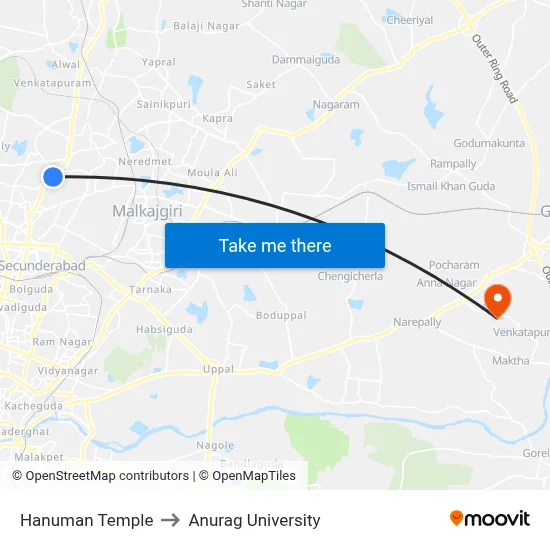 Hanuman Temple to Anurag University map