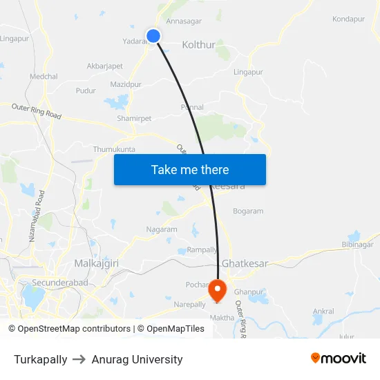 Turkapally to Anurag University map