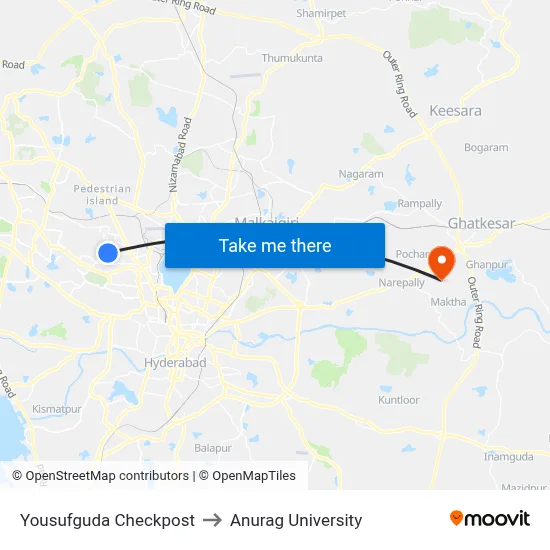 Yousufguda Checkpost to Anurag University map