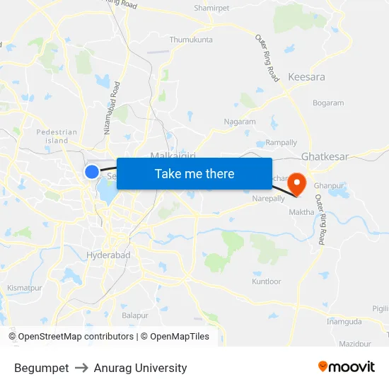 Begumpet to Anurag University map