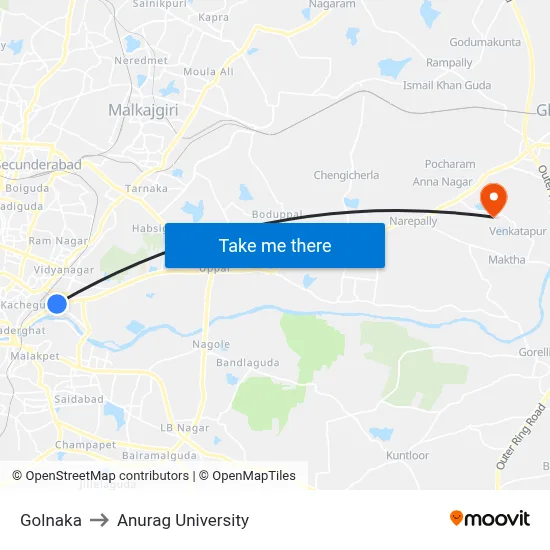 Golnaka to Anurag University map