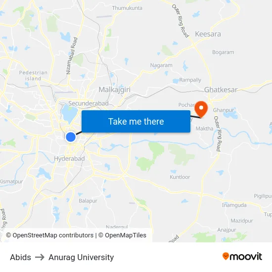 Abids to Anurag University map