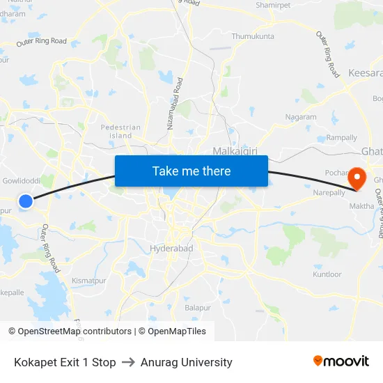 Kokapet Exit 1 Stop to Anurag University map