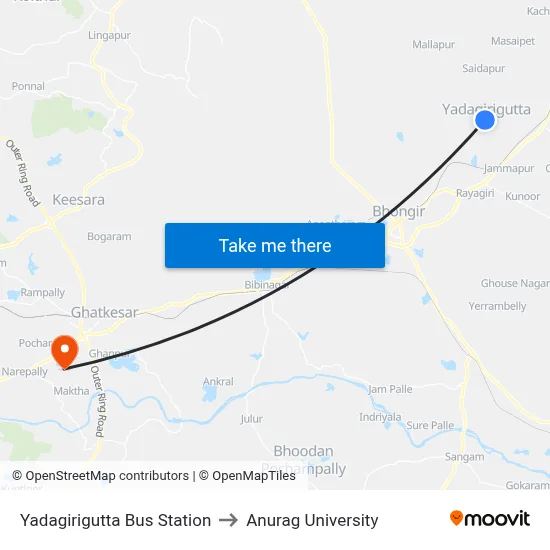 Yadagirigutta Bus Station to Anurag University map