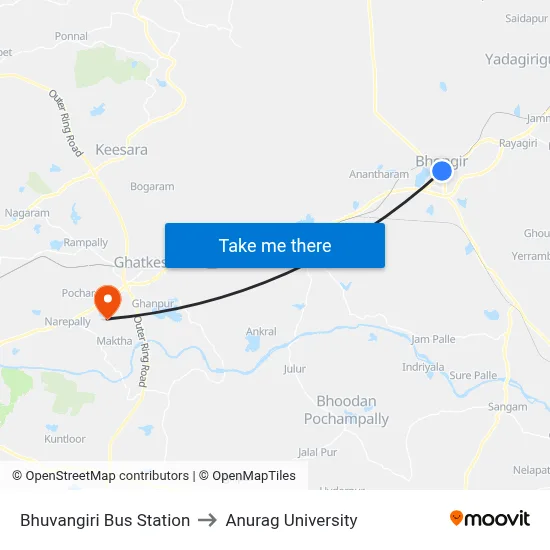 Bhuvangiri Bus Station to Anurag University map