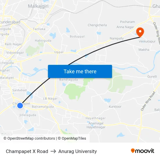 Champapet X Road to Anurag University map