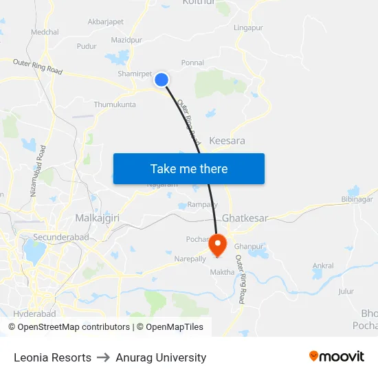 Leonia Resorts to Anurag University map