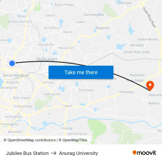 Jubilee Bus Station to Anurag University map